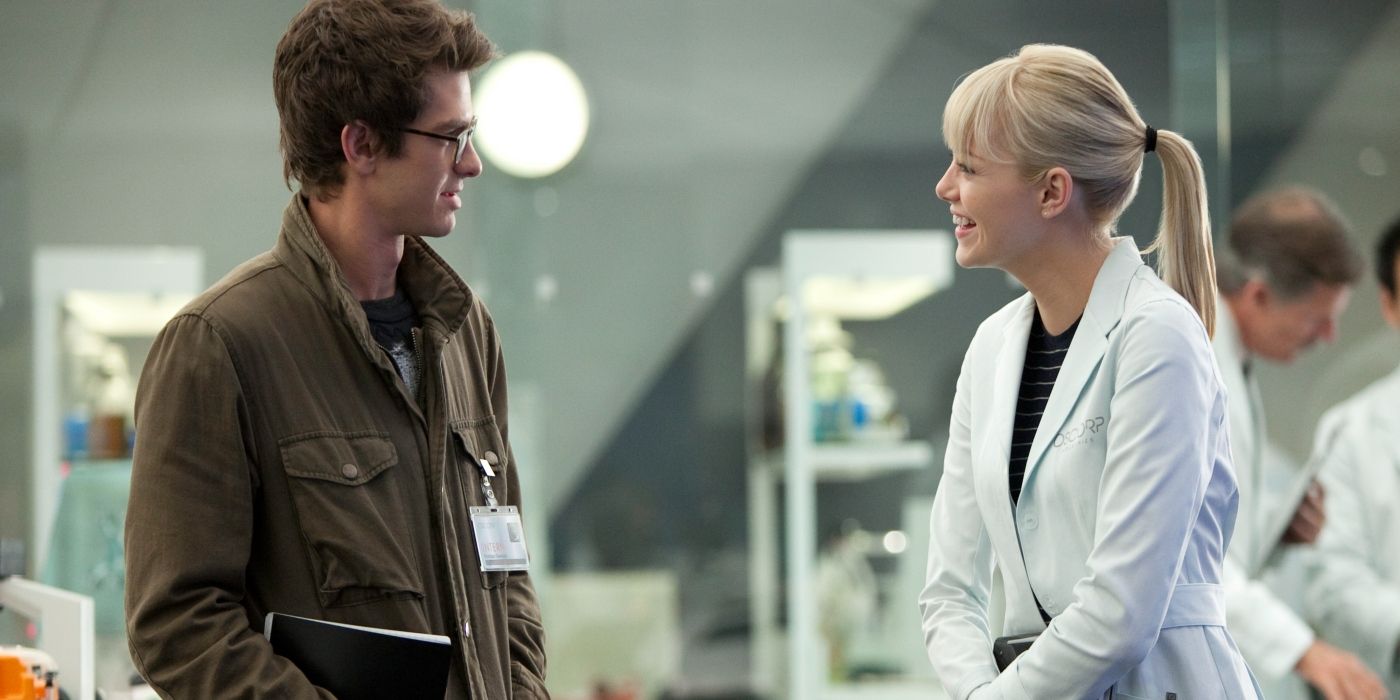 Andrew Garfield and Emma Stone as Peter and Gwen laughing together in The Amazing Spider-Man.