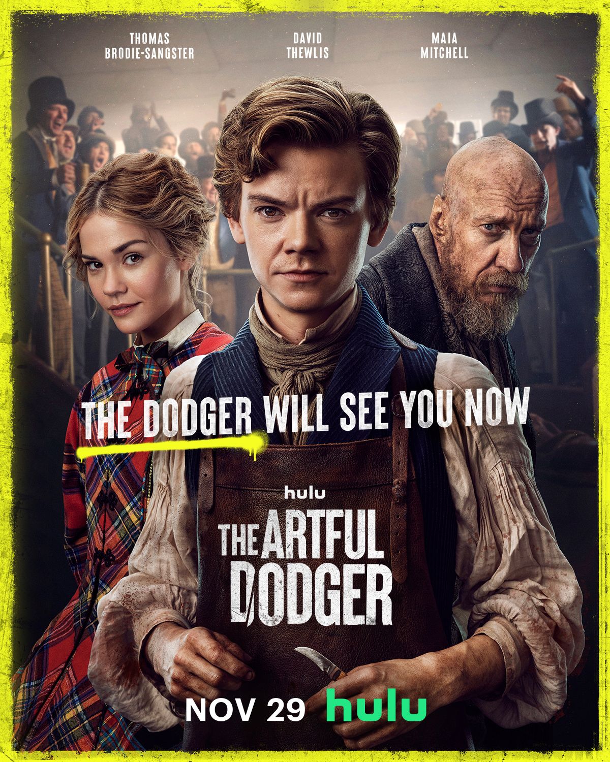 Jack Dawkins, portrayed by Thomas Brodie-Sangster, stands with Fagin (David Thewlis) and Lady Belle Fox (Maia Mitchell) in 'The Artful Dodger' poster.