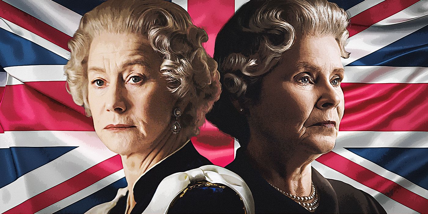 Image of Helen Mirren in The Queen and Imelda Staunton in The Crown against a backdrop of the United Kingdom flag