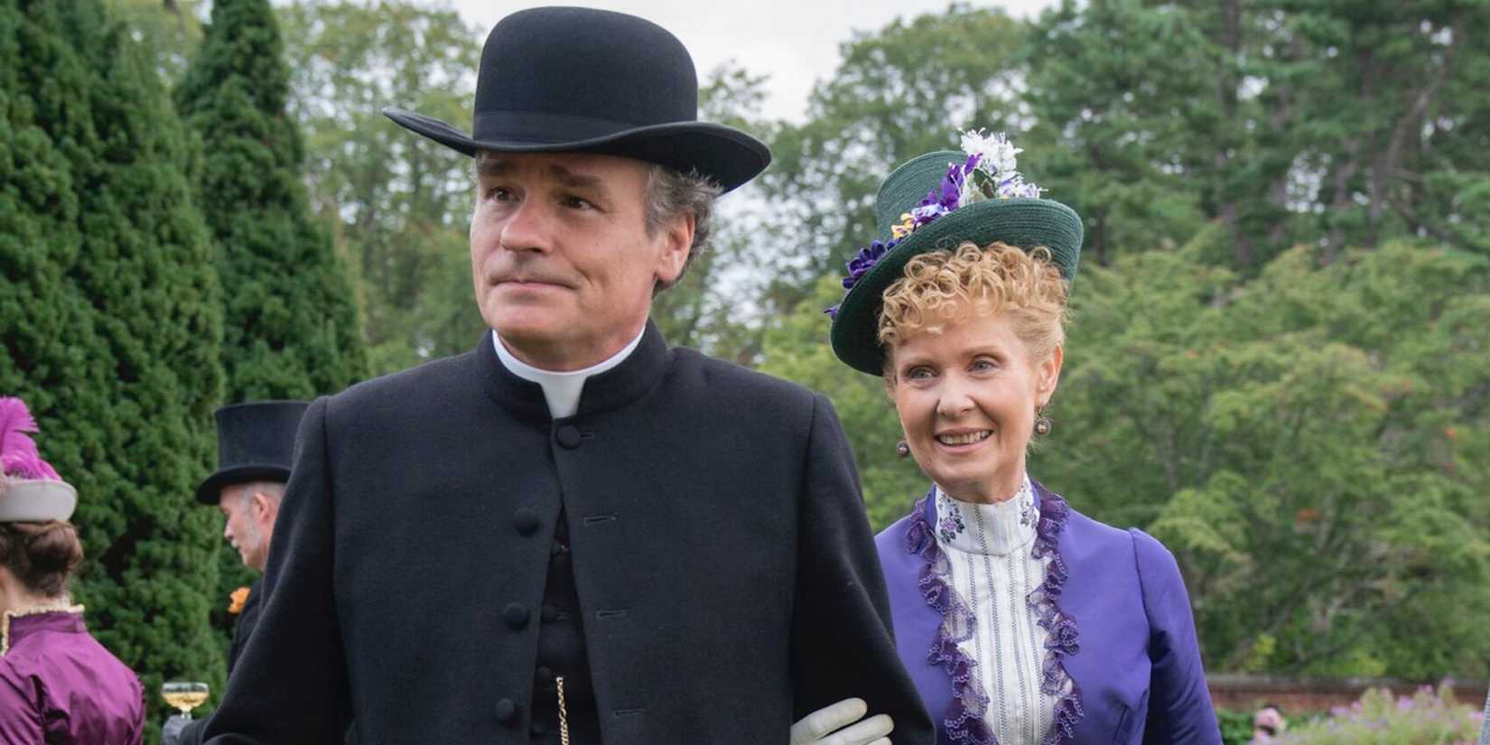 Ada (Cynthia Nixon) walking with Reverend Forte (Robert Sean Leonard) in The Gilded Age.