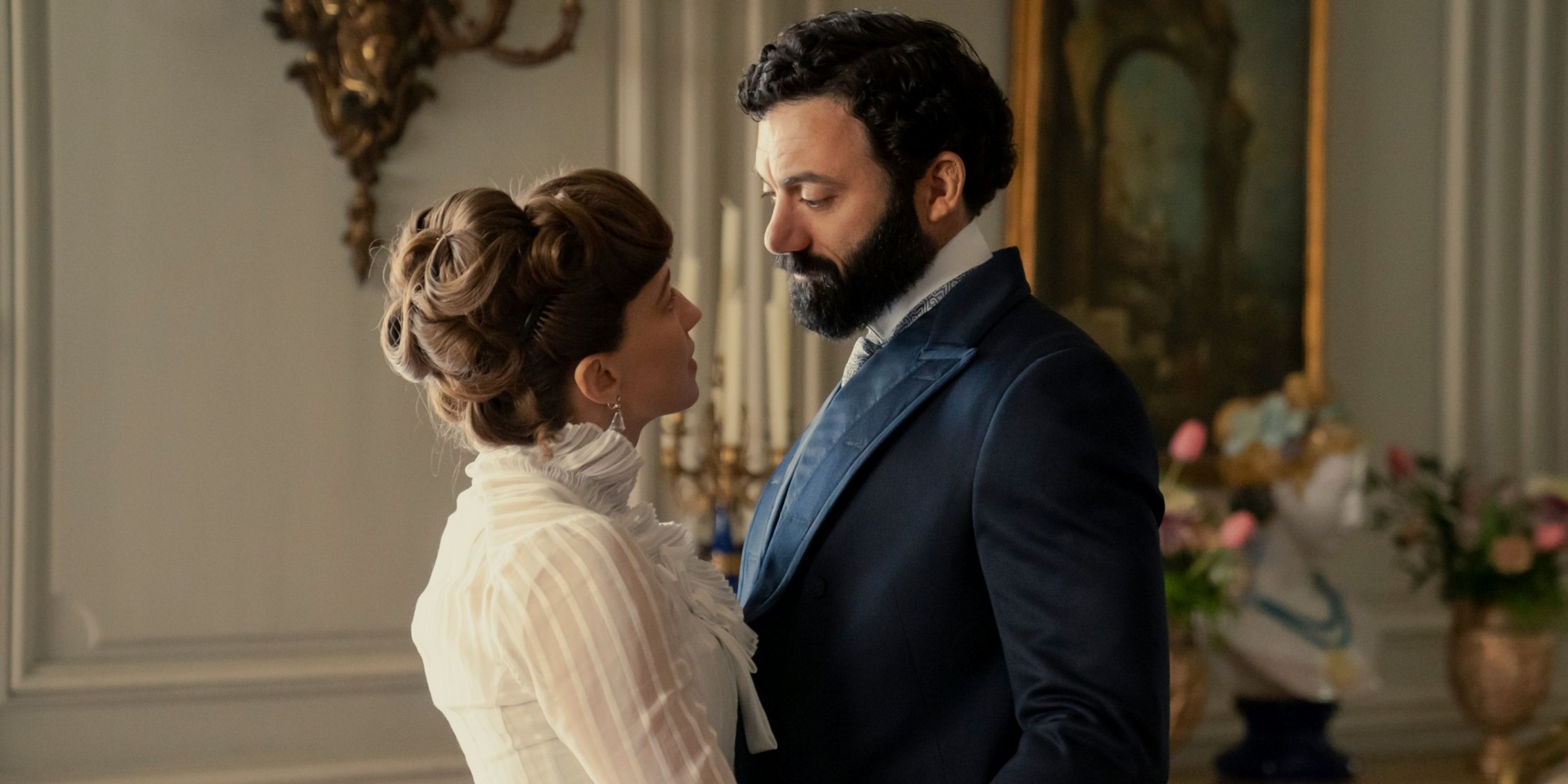 Carrie Coon as Bertha Russell and Morgan Spector as George Russell in Season 2 of The Gilded Age