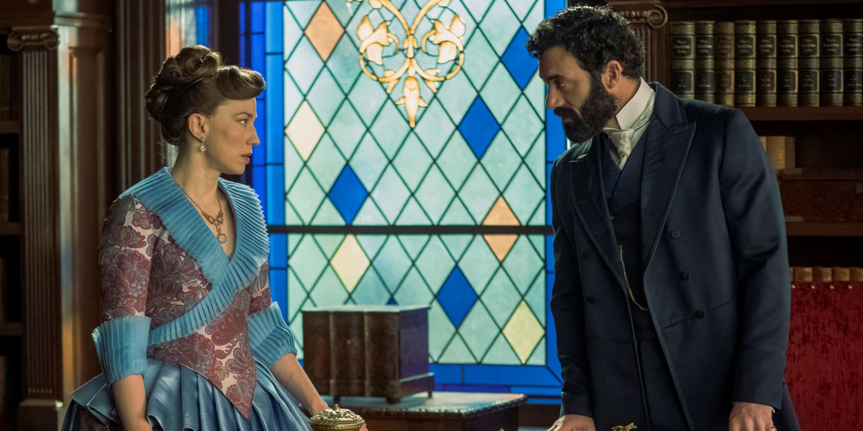 Carrie Coon as Bertha Russell and Morgan Spector as George Russell in Episode 3 of Season 2 of The Gilded Age