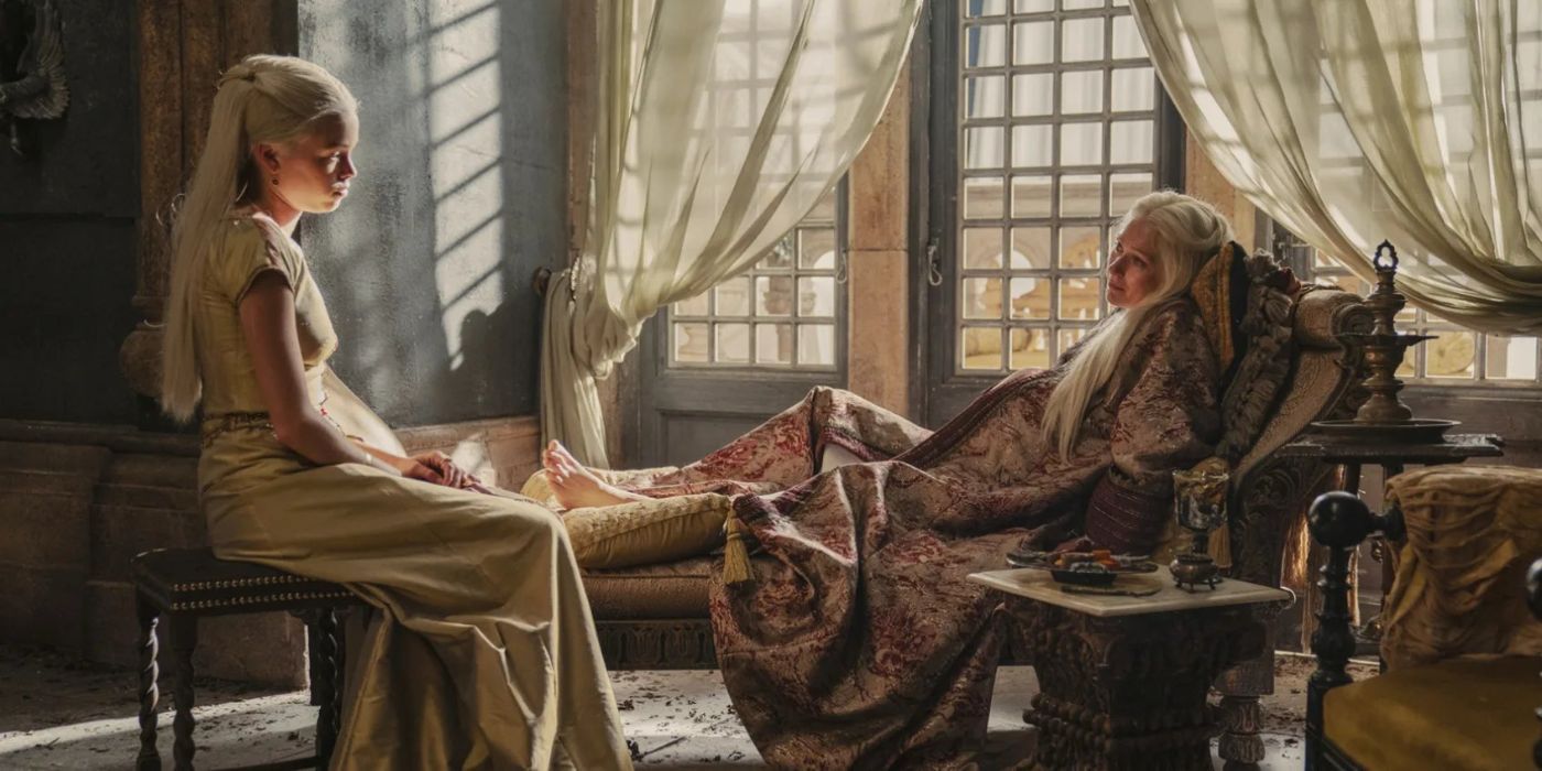 Milly Alcock as Princess Rheanareys Targaryeon sitting next to Eve Best