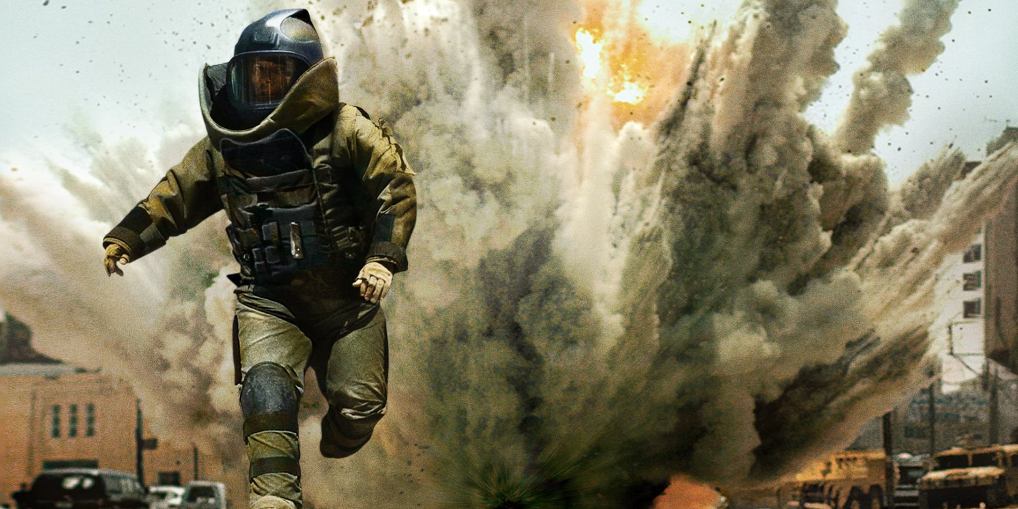 A soldier running away from an explosion in The Hurt Locker