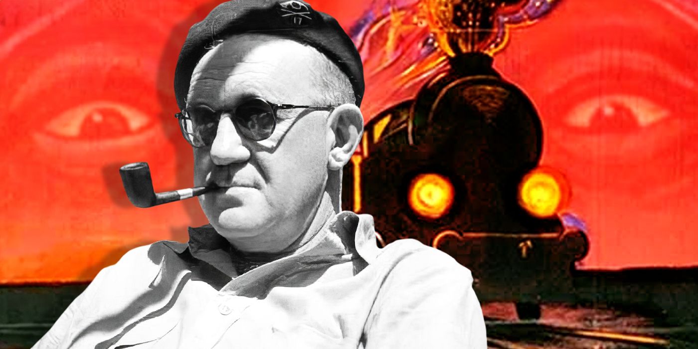 John Ford sits with a pipe in front of a train in a custom image for The Iron Horse (1924)