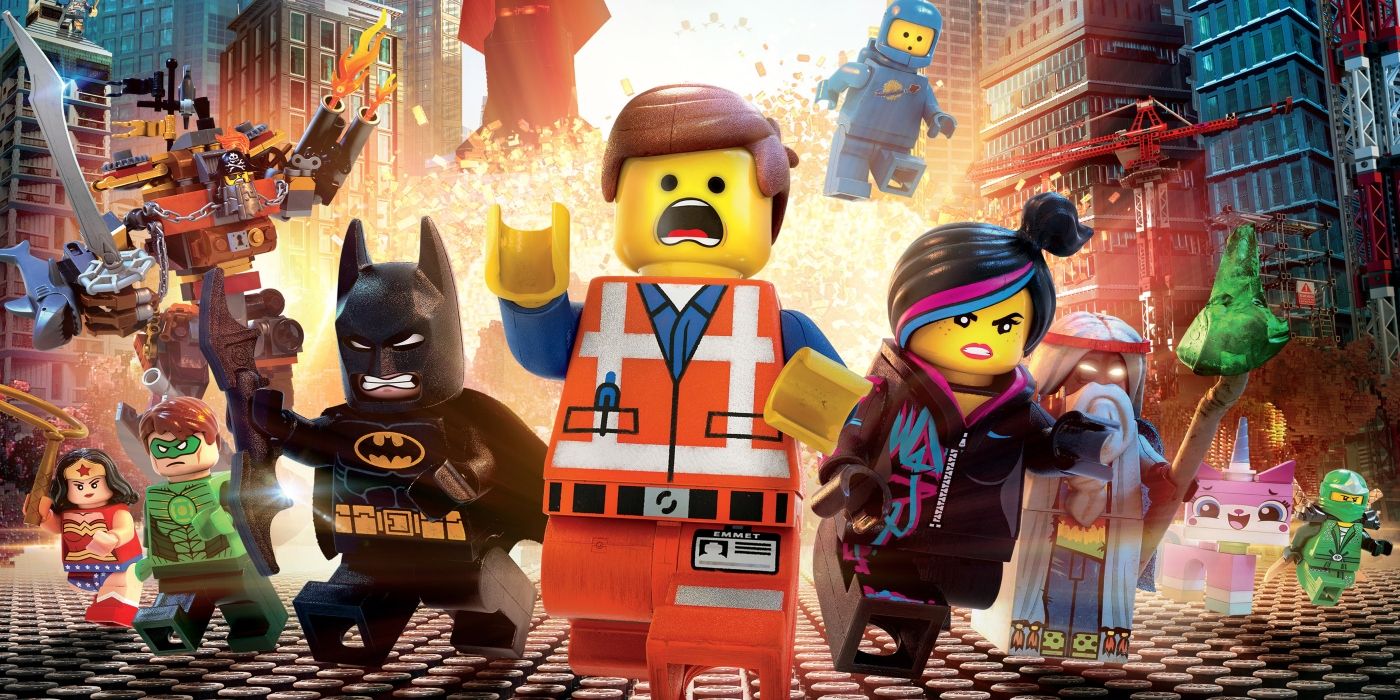 Emmet and the main characters from The Lego Movie running towards the camera.