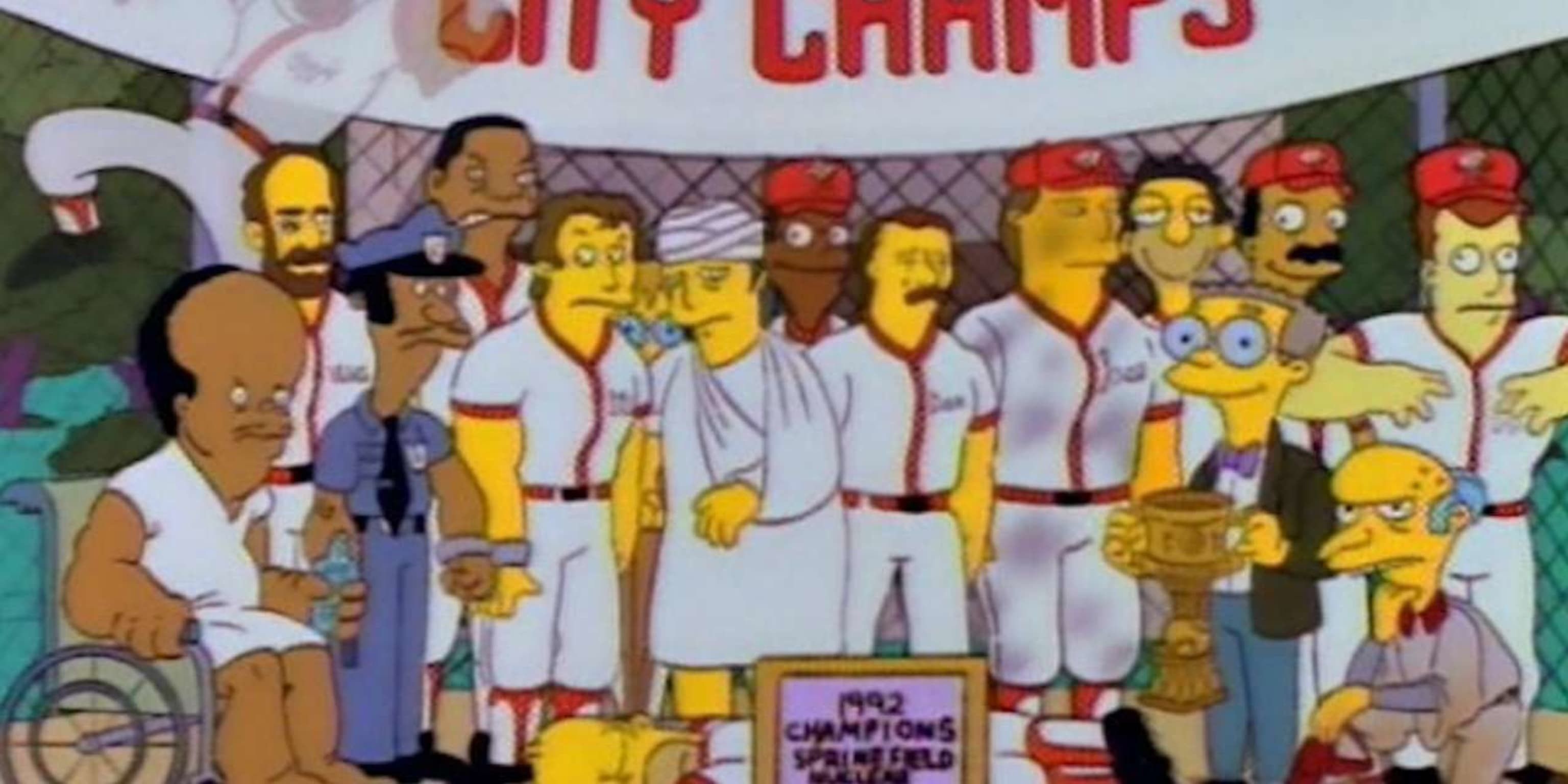 A baseball team stands together in The Simpsons