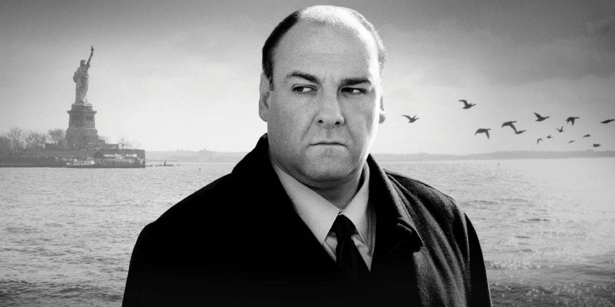 Black and white psoter of Tony Soprano with the Statue of Liberty in the background.