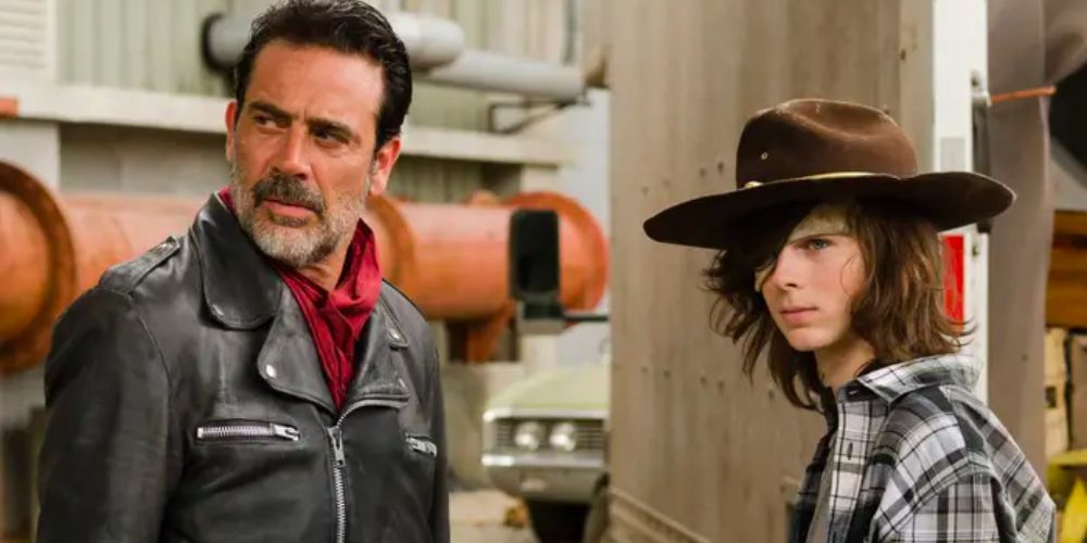 Negan (Jeffrey Dean Morgan) taks Carl (Chandler Riggs) on a tour of Sanctuary in 'The Walking Dead'