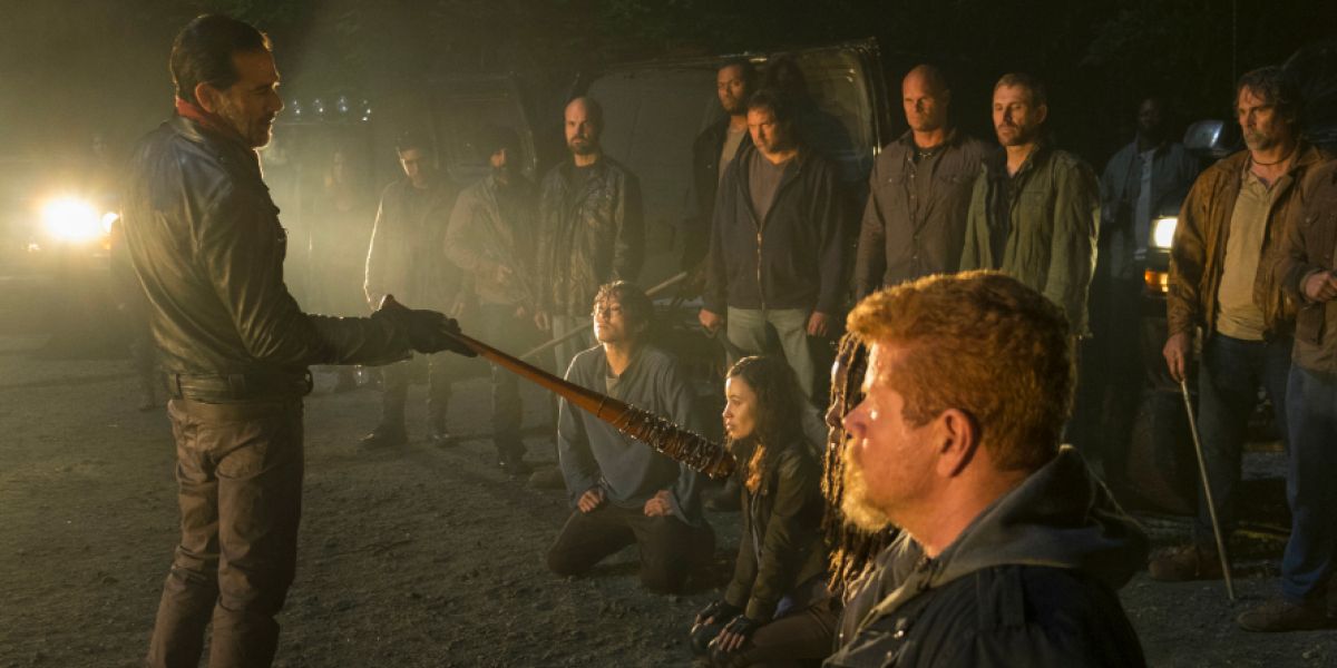 Negan (Jeffrey Dean Morgan) taunts Rick's group of survivors with his barbed-wired baseball bat, Lucille.