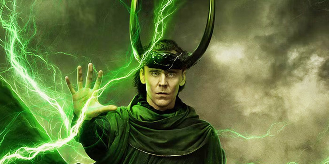Tom Hiddleston as God Loki in the Season 2 finale of Loki reaching toward green lightning