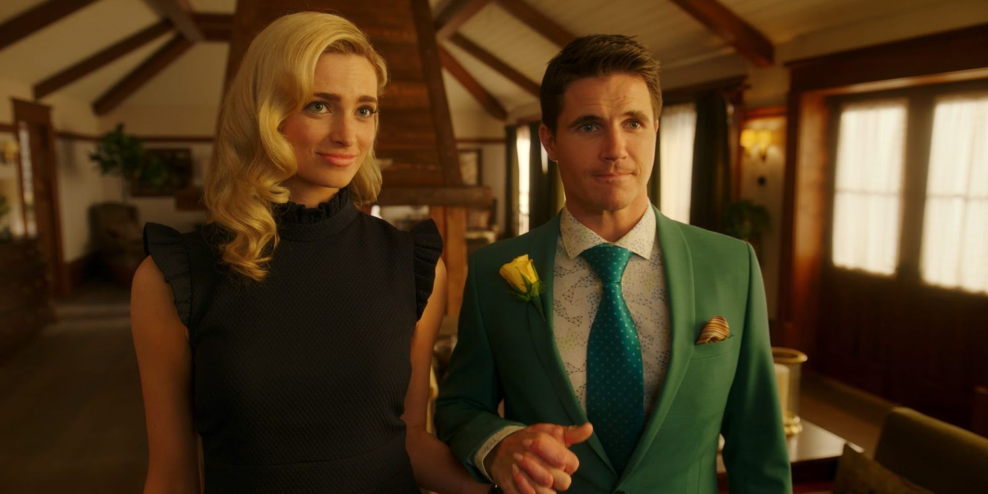 Nathan and Ingrid holding hands and looking ahead with cringe expresisons in Upload Season 1