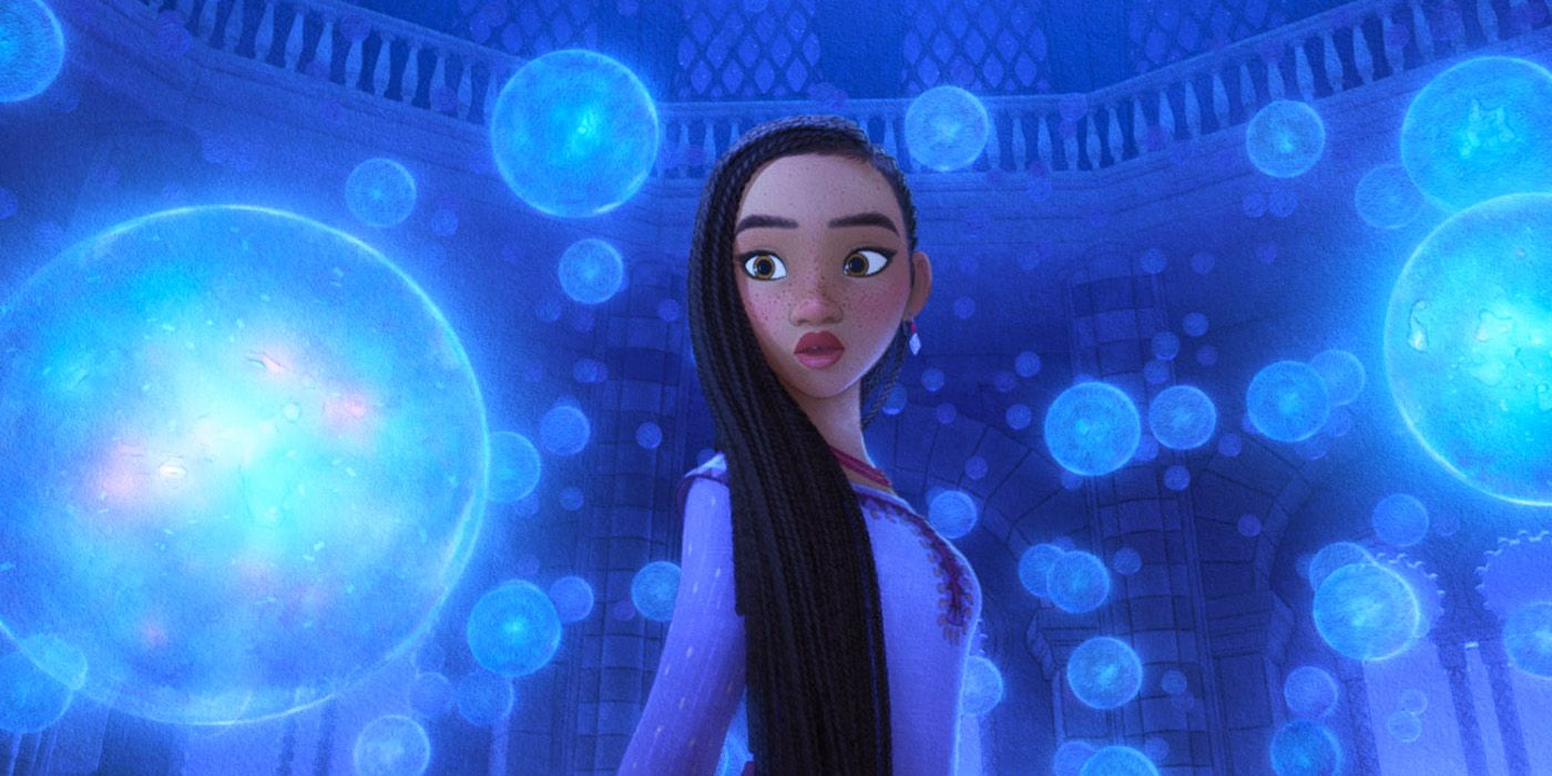 Ariana DeBose as Asha surrounded by wishes in the Disney animated movie Wish