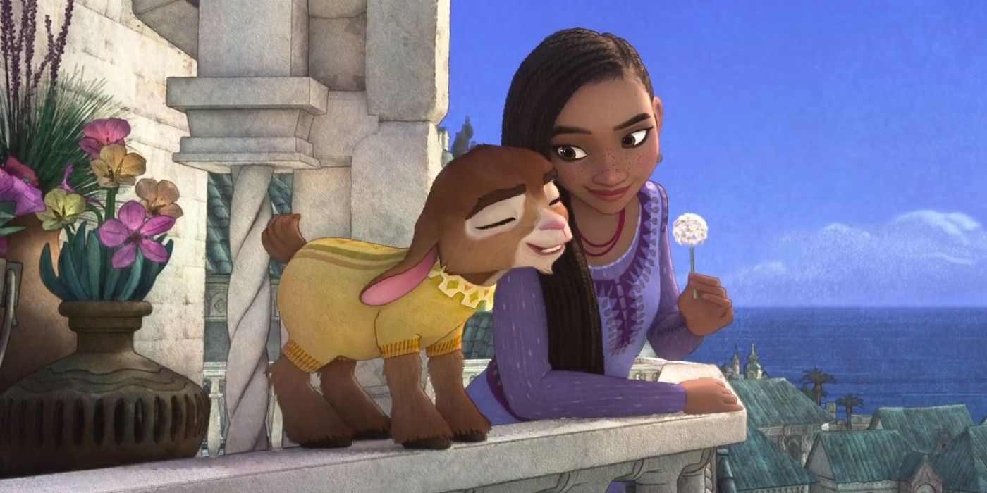 Asha voiced by Ariana DeBose and Valentino voiced by Alan Tudyk on a balcony in 'Wish'