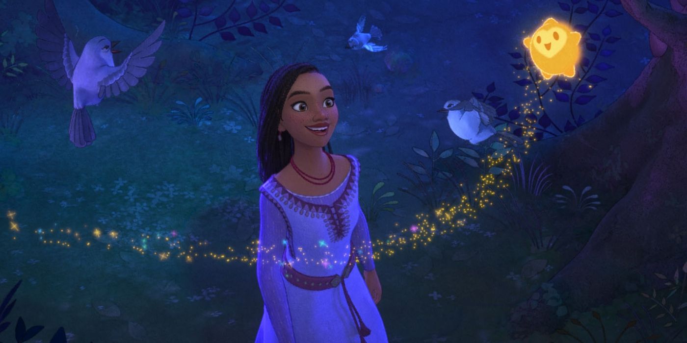 Asha, voiced by Ariana DeBose, looking up at Star in Wish