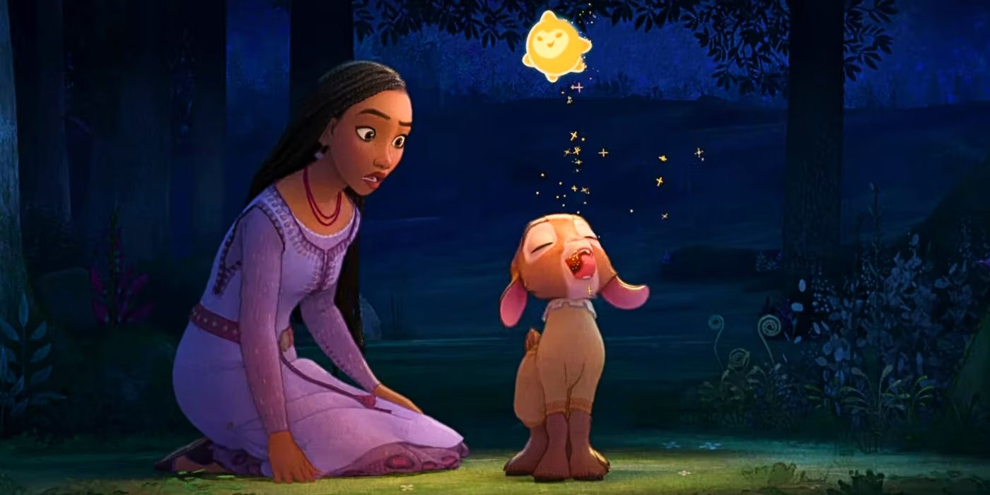 Asha (Ariana DeBose) watches as Star gives Valentino (Alan Tudyk) a voice in 'Wish'