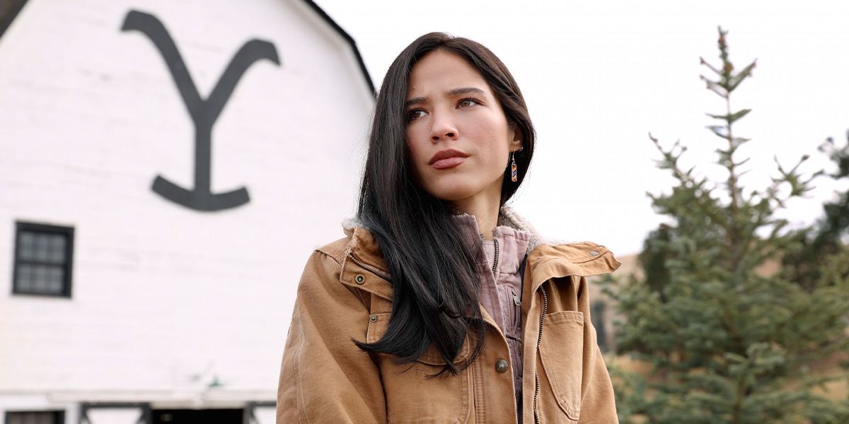 Monica Dutton, played by Kelsey Asbille, on the ranch in Yellowstone