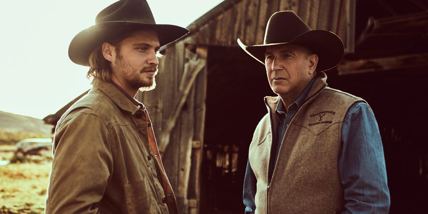 Luke Grimes as Kayce Dutton and Kevin Costner as John Dutton in the middle of a conversation on Yellowstone