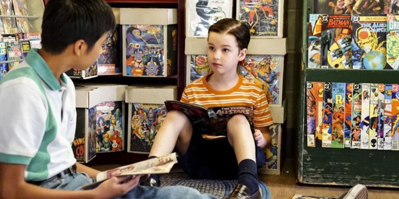Sheldon, played by Iain Armitage, and his friend, Tam, reading at the Comicbook Store in 'Young Sheldon'