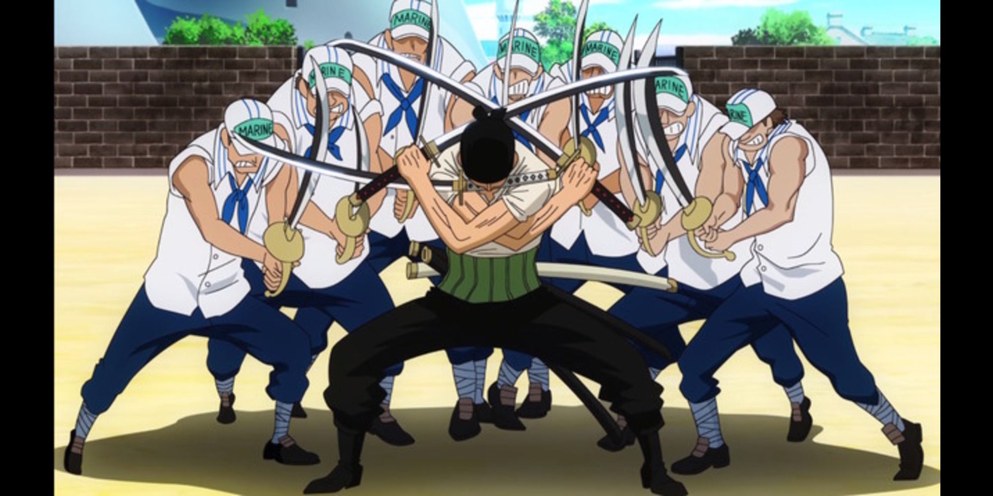 Zoro using Dual Katana against several Marines in One Piece