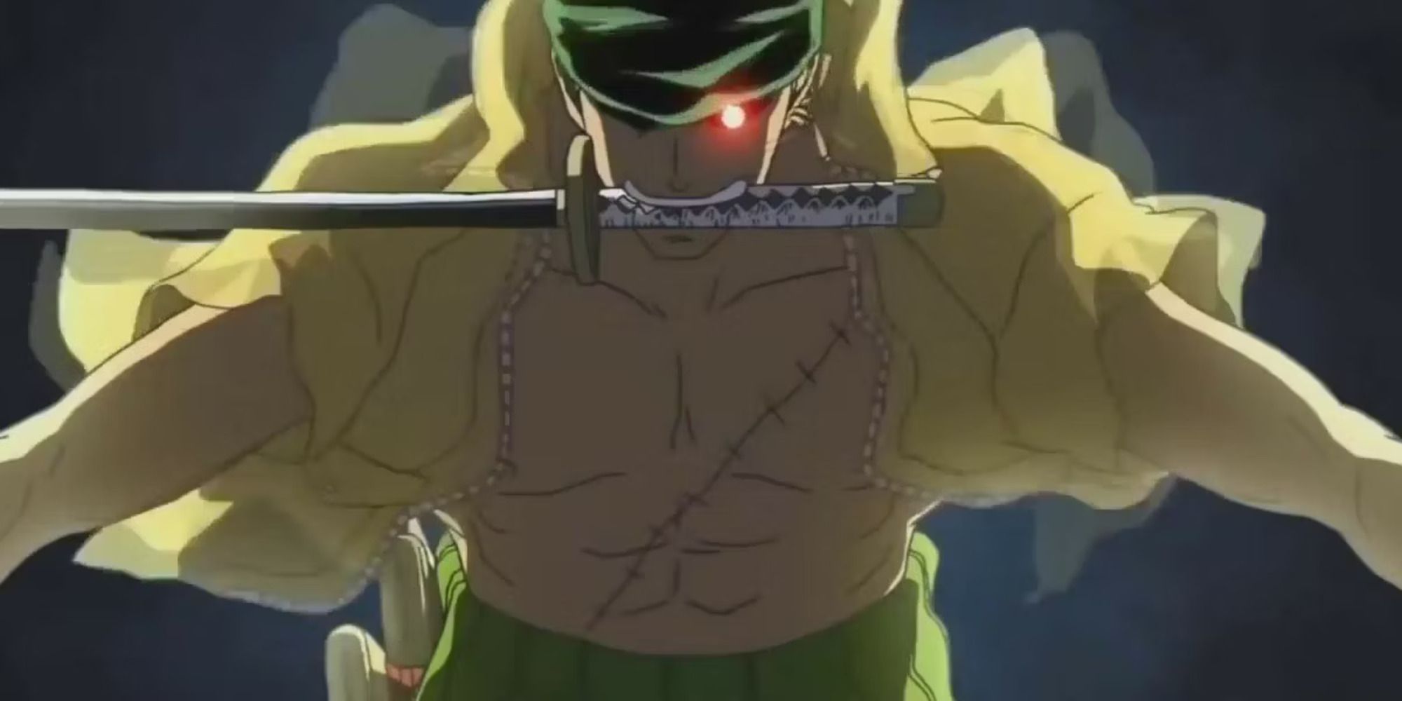 Roronoa Zoro wielding the sword Wado Ichimonji with his teeth in One Piece.