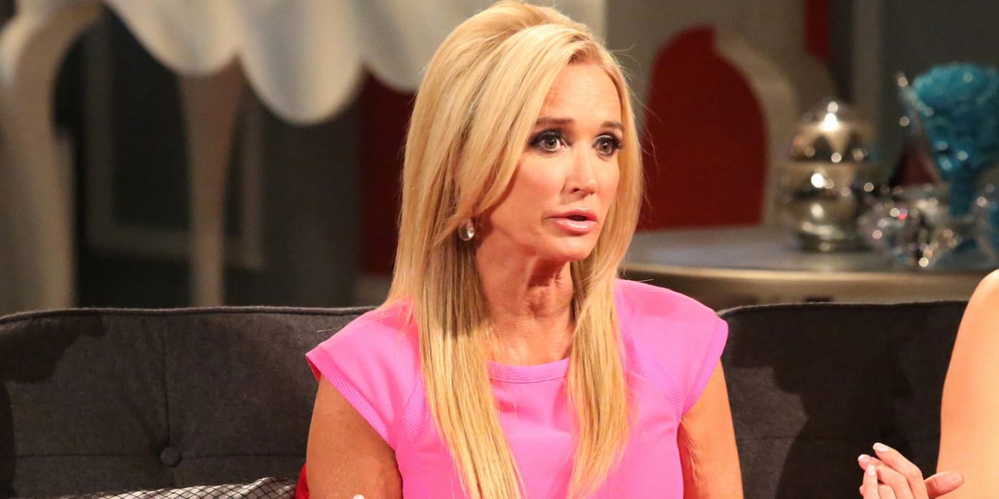 Kim Richards sits in pink during a reunion taping for 'RHOBH'