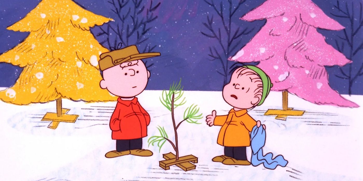 Charlie Brown and Linus Van Pelt looking down at the little tree in A Charlie Brown Christmas