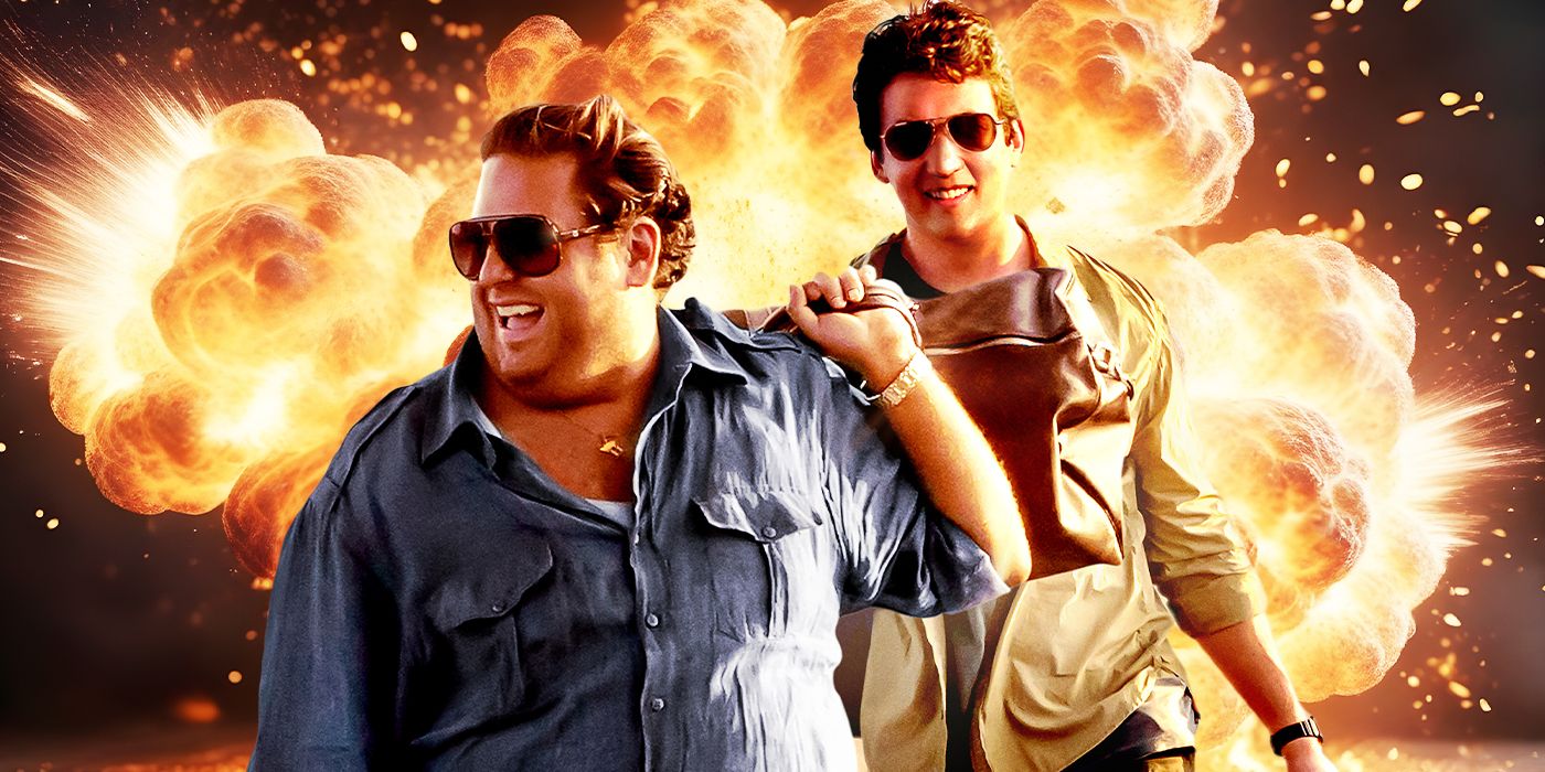 Jonah Hill as Efraim Diveroli and Miles Teller as David Packouz from War Dogs against a fiery background