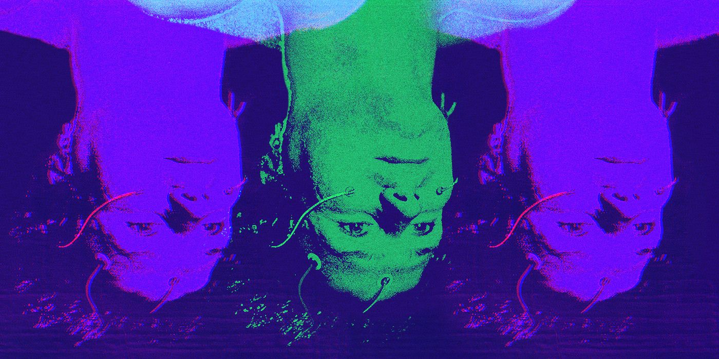 A custom image of William Hurt's head upside down with wires protruding from his face, repeated two times and in neon green and purple