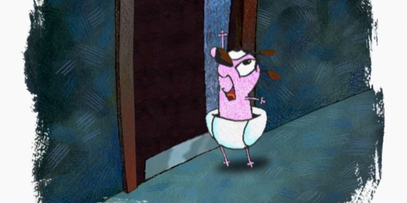 Baby Courage in distress trying to reach out a door handle in Courage the Cowardly Dog
