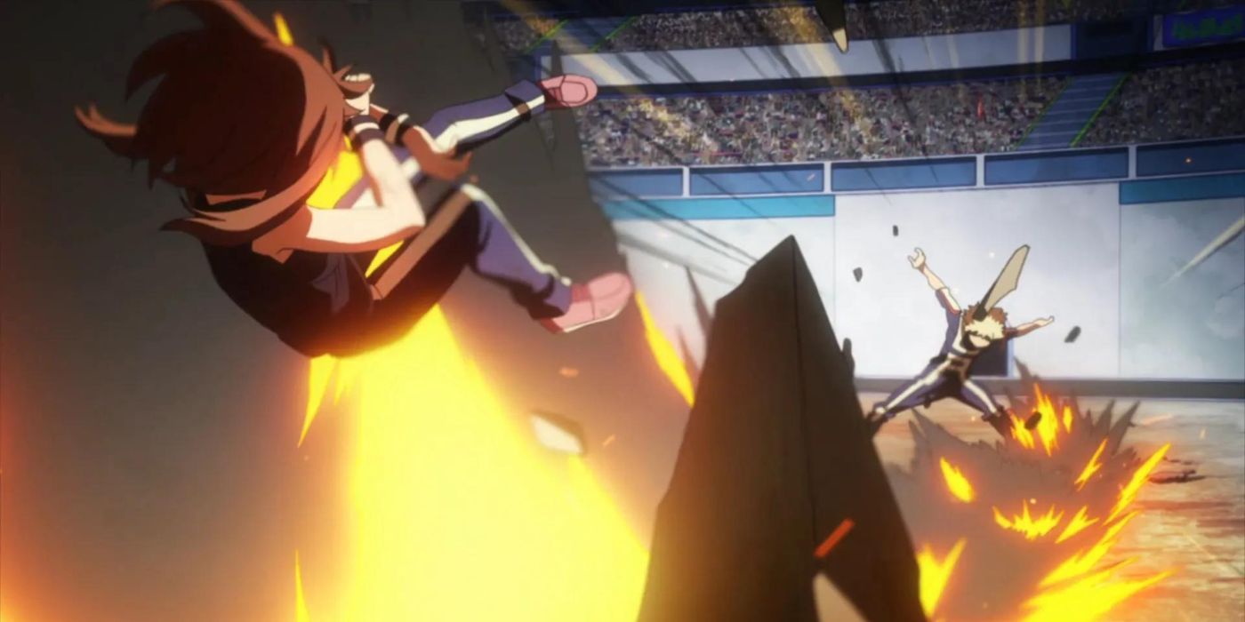 Bakugo attacking Uraraka in the sports festival in My Hero Academia