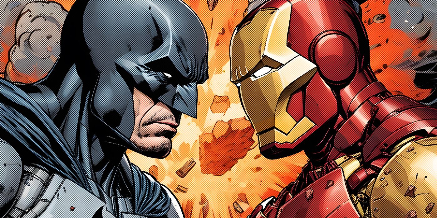 Blended image showing Batman and Iron Man facing with an explosion on the background