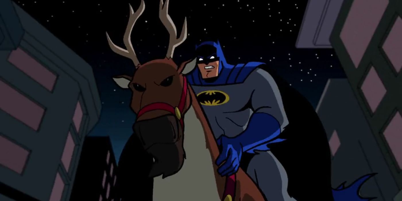 Batman riding a reindeer in Batman: The Brave and the Bold Invasion of the Secret Santas