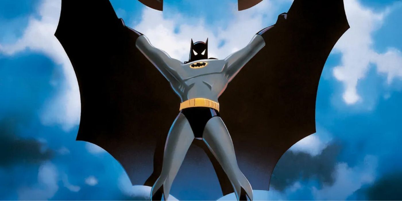 Batman holding his cape out in the Batman Mask of the Phantasm poster