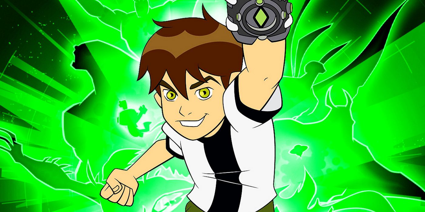 Ben 10 throwing his arm up with a green light behind him