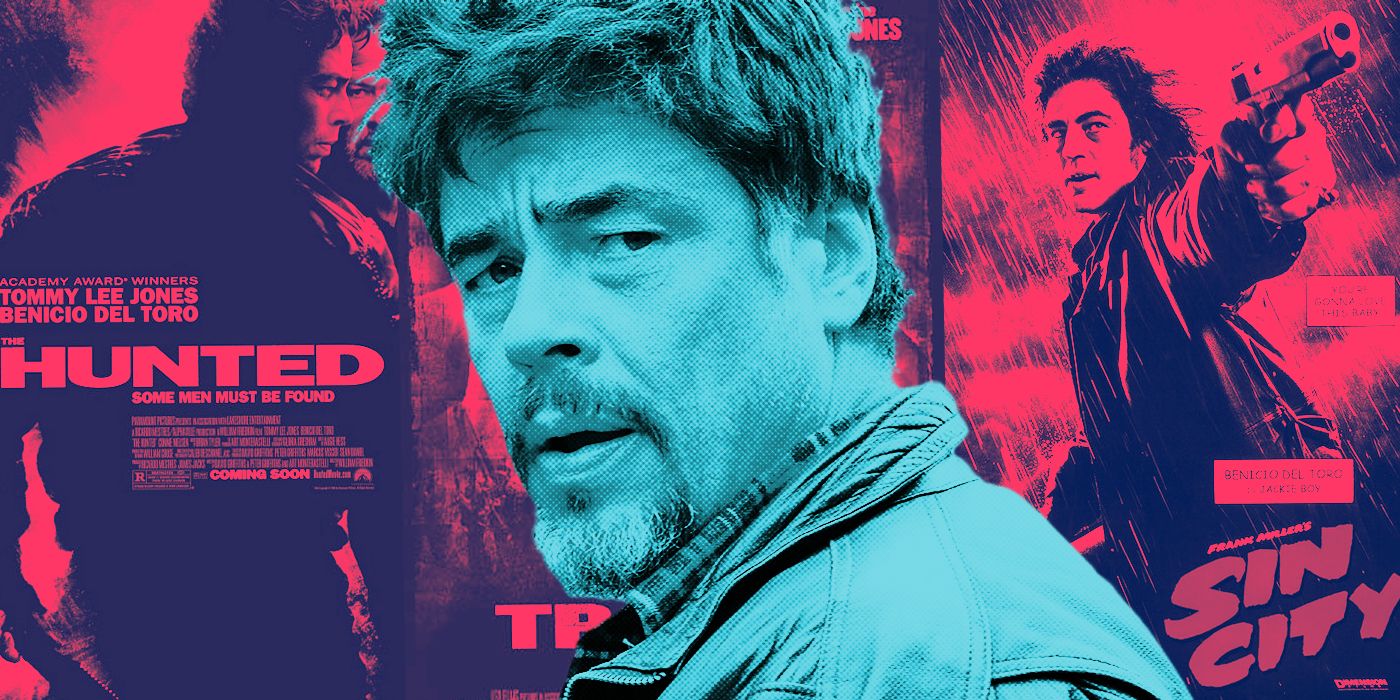 Blended image showing Benicio Del Toro against a collage of posters from his movies.