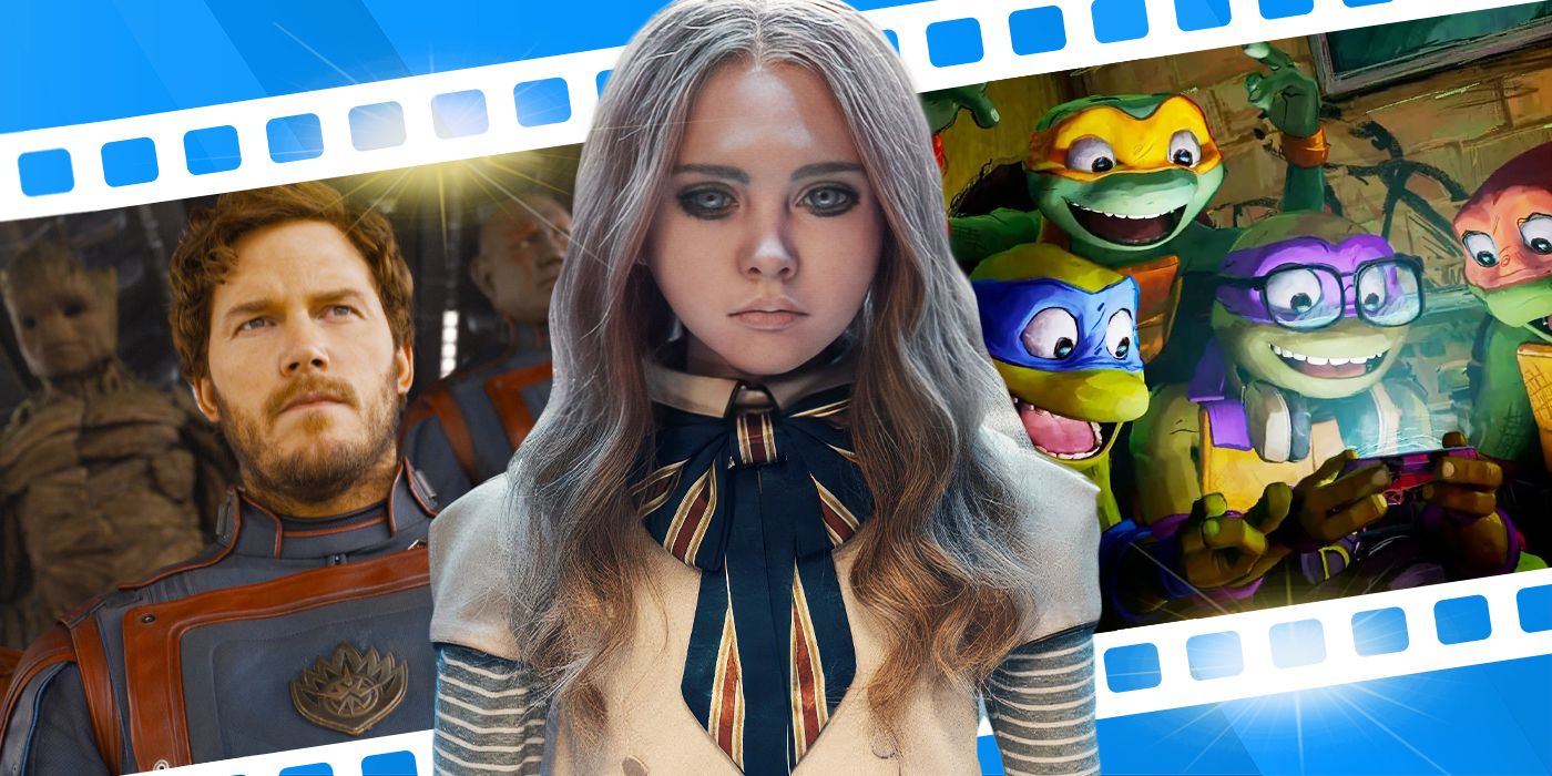 Blended image showing characters from Guardians of the Galaxy Vol. 3, M3GAN, and Teenage Mutant Ninja Turtles Mutant Mayhem