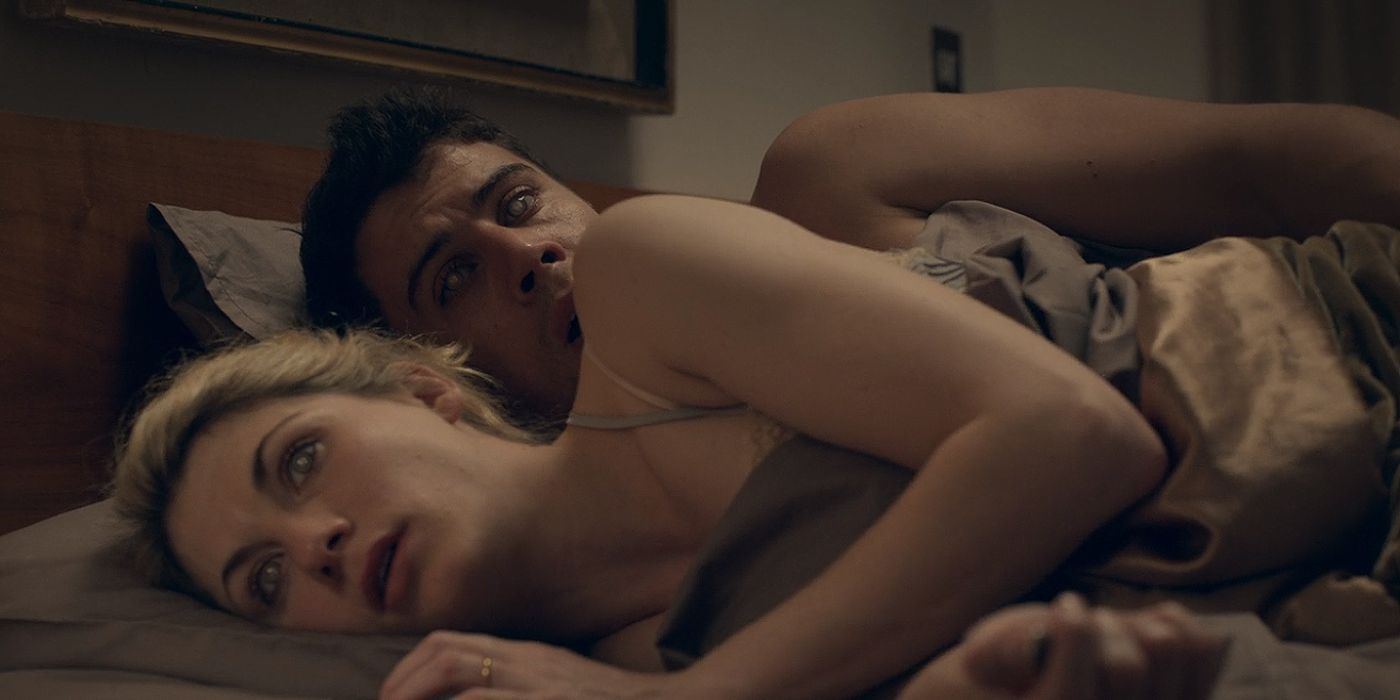 Jodie Whittaker and Toby Kebbell in bed together in Black Mirror episode Entire History of You