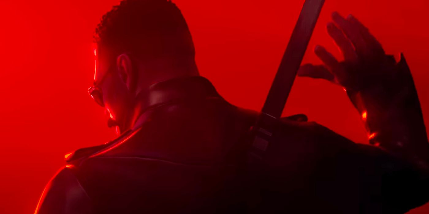 Blade stands with his back to the camera in a still from the Blade video game promo