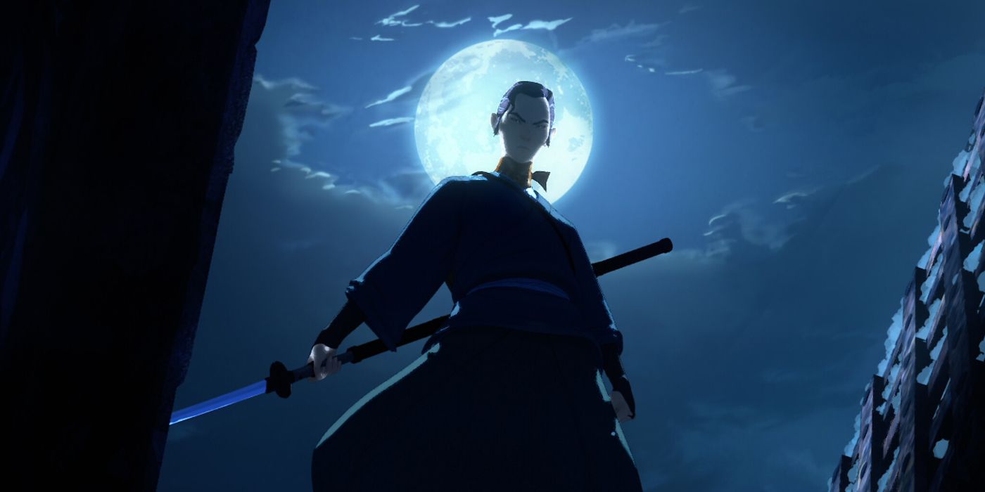 Mizu em pé com a espada empunhada atrás dela e a lua brilhando atrás de sua cabeça em Blue Eye Samurai da Netflix