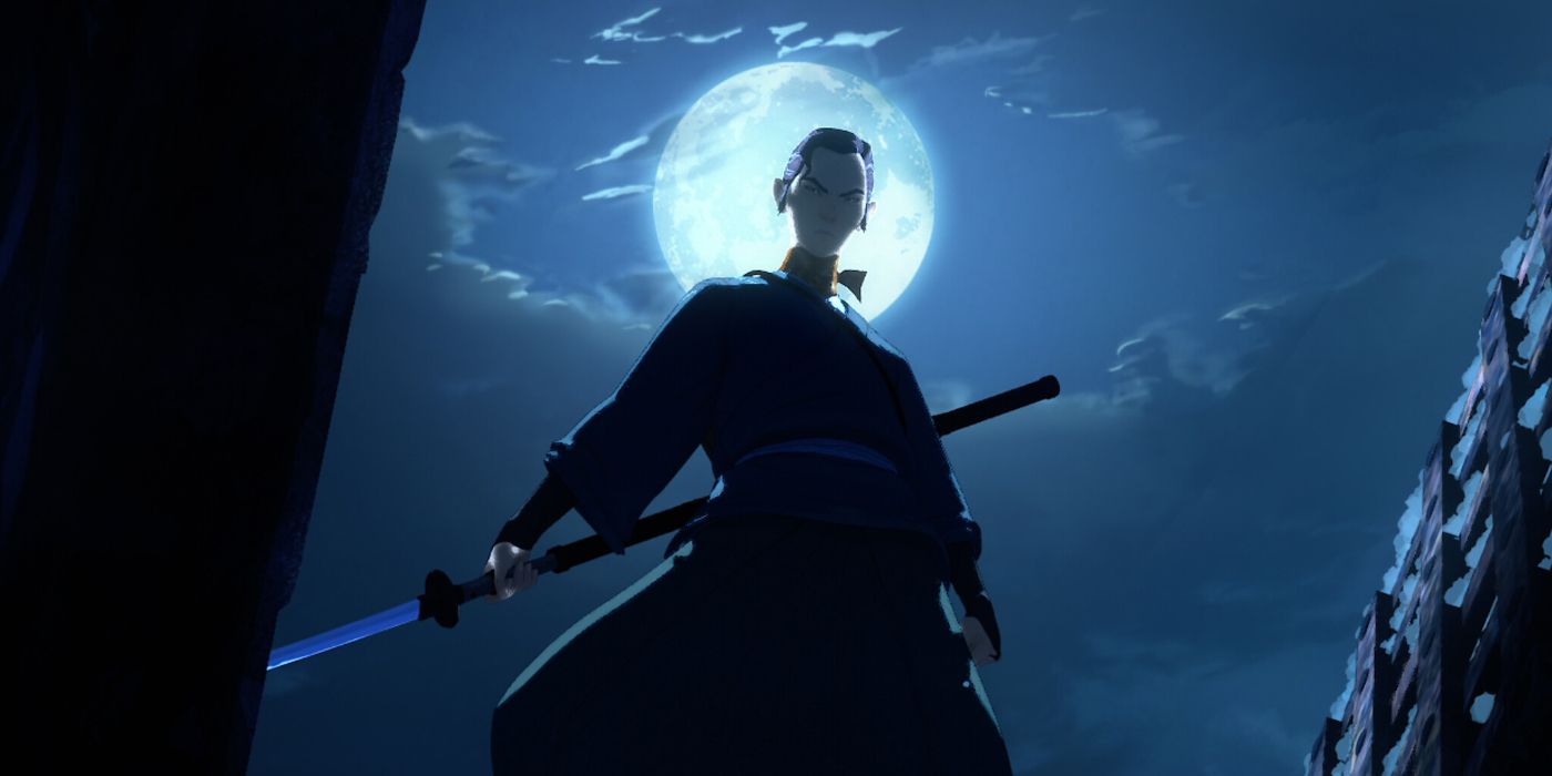 Mizu standing tall with her sword held behind her and the moon shining brightly behind her head in Netflix's Blue Eye Samurai