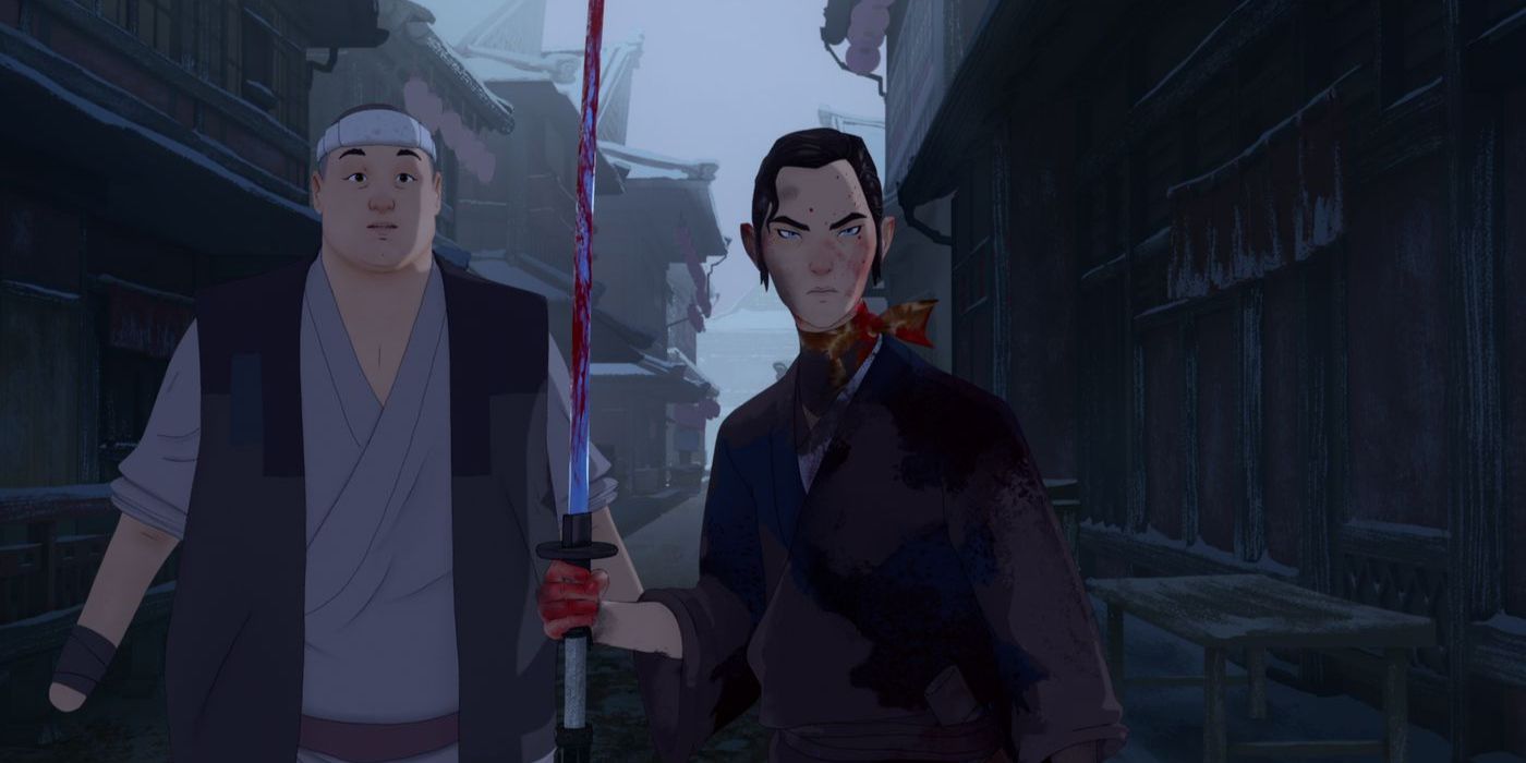 A bloodied Mizu holds her sword upright in a city street with Ringo standing next to her in Netflix's Blue Eye Samurai