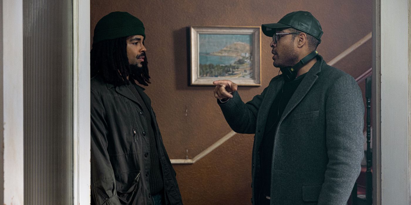 Reinald Marcus Green directing Kingsley Ben-Adir on the set of Bob Marley: One Love
