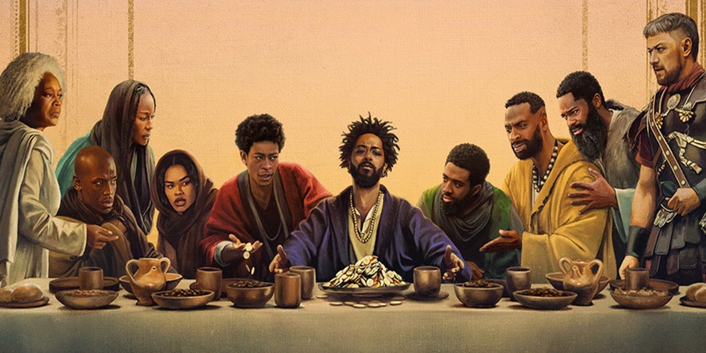 Cropped poster of the cast of The Book of Clarence around table reminiscent of Leonardo Da Vinci's last supper mural of Jesus and His disciples