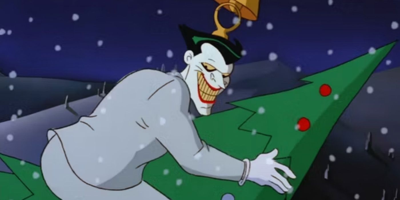 The Joker (Mark Hamill) rides off on a Christmas tree in the 'Batman: The Animated Series' episode 