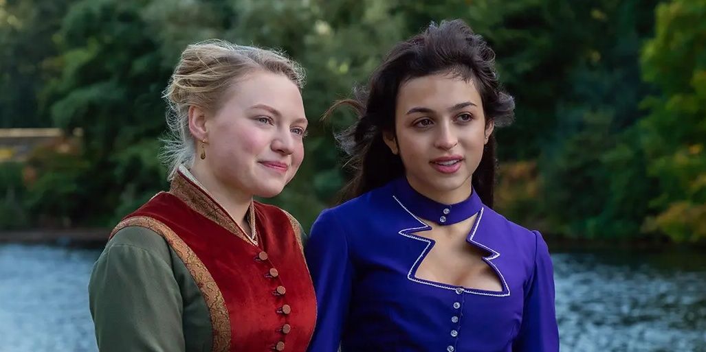 Josie Totah and Mia Threapleton walk arm in arm as Mabel and Honoria in The Buccaneers