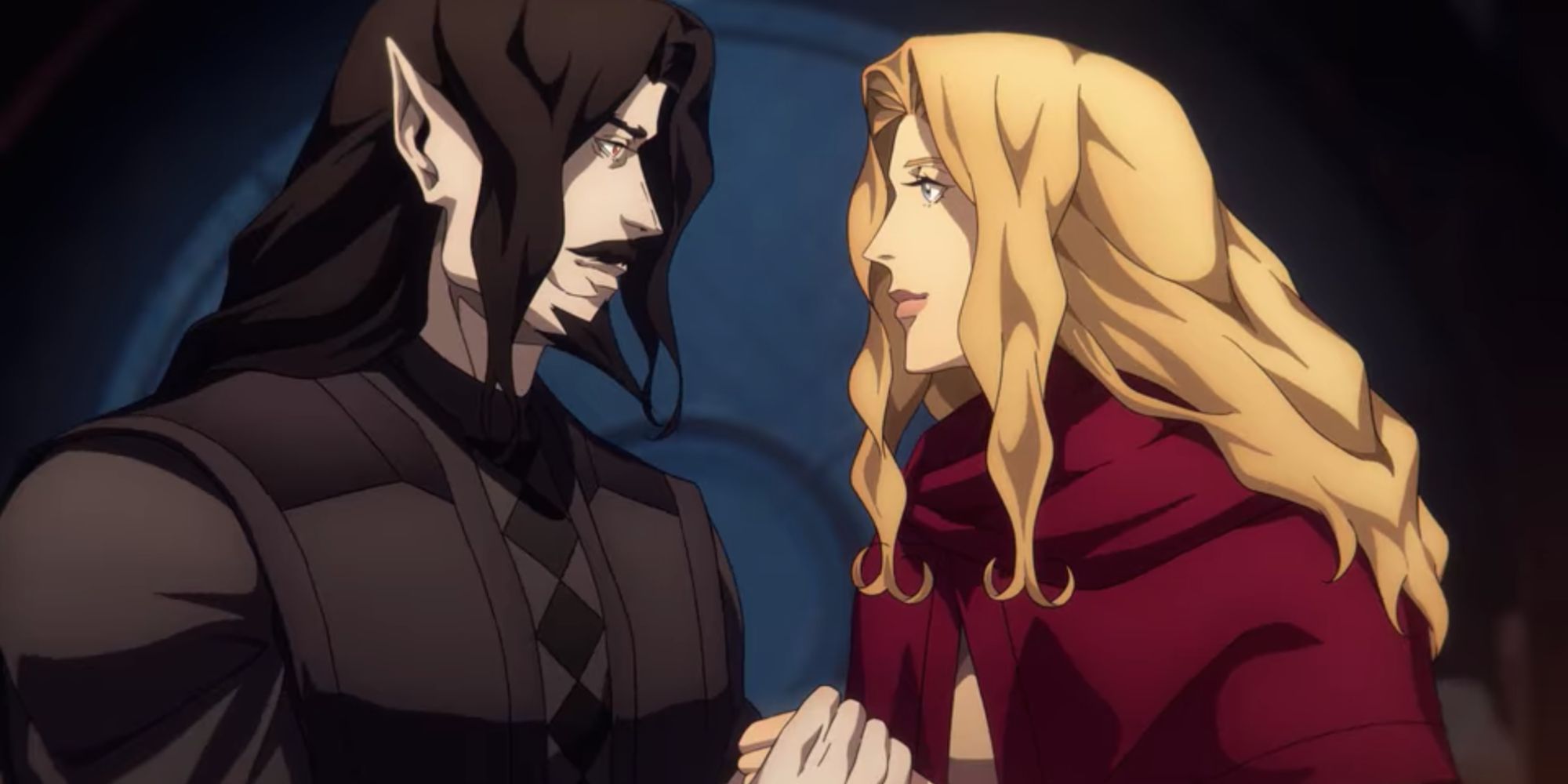 Dracula and Lisa, voiced by Graham McTavish and Emily Swallow, hold hands and stare into each other's eyes in Castlevania