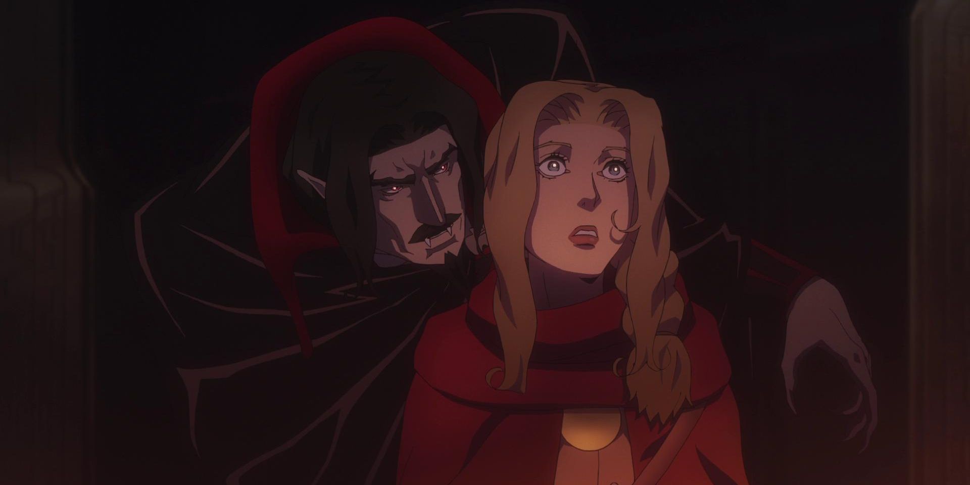 Dracula, voiced by Graham McTavish, leaning out of the shadows behind Lisa's shoulder, voiced by Emily Swallow, in Castlevania