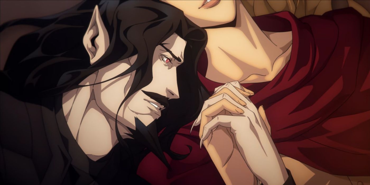 Dracula, voiced by Graham McTavish, leaning his head close to Lisa's, voiced by Emily Swallow, with their clasped hands held between them in Castlevania