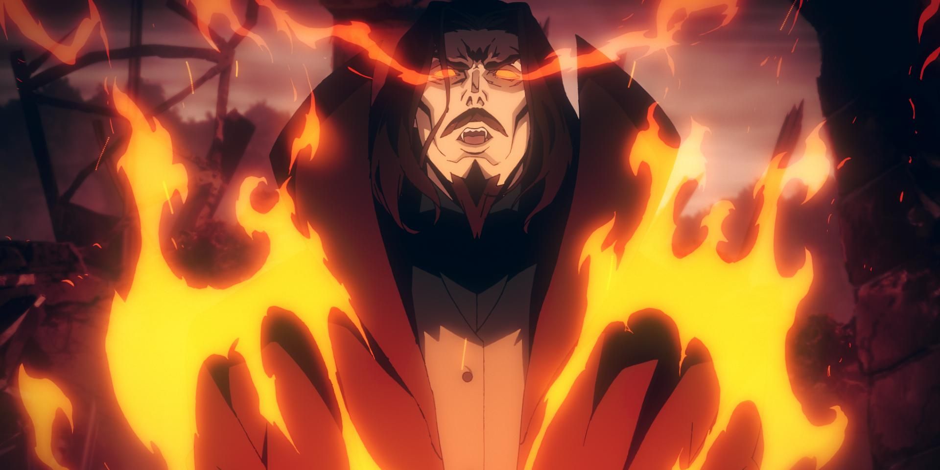 An furious Dracula, voiced by Graham McTavish, with flames pouring out of his eyes and half-covering his body in Castlevania